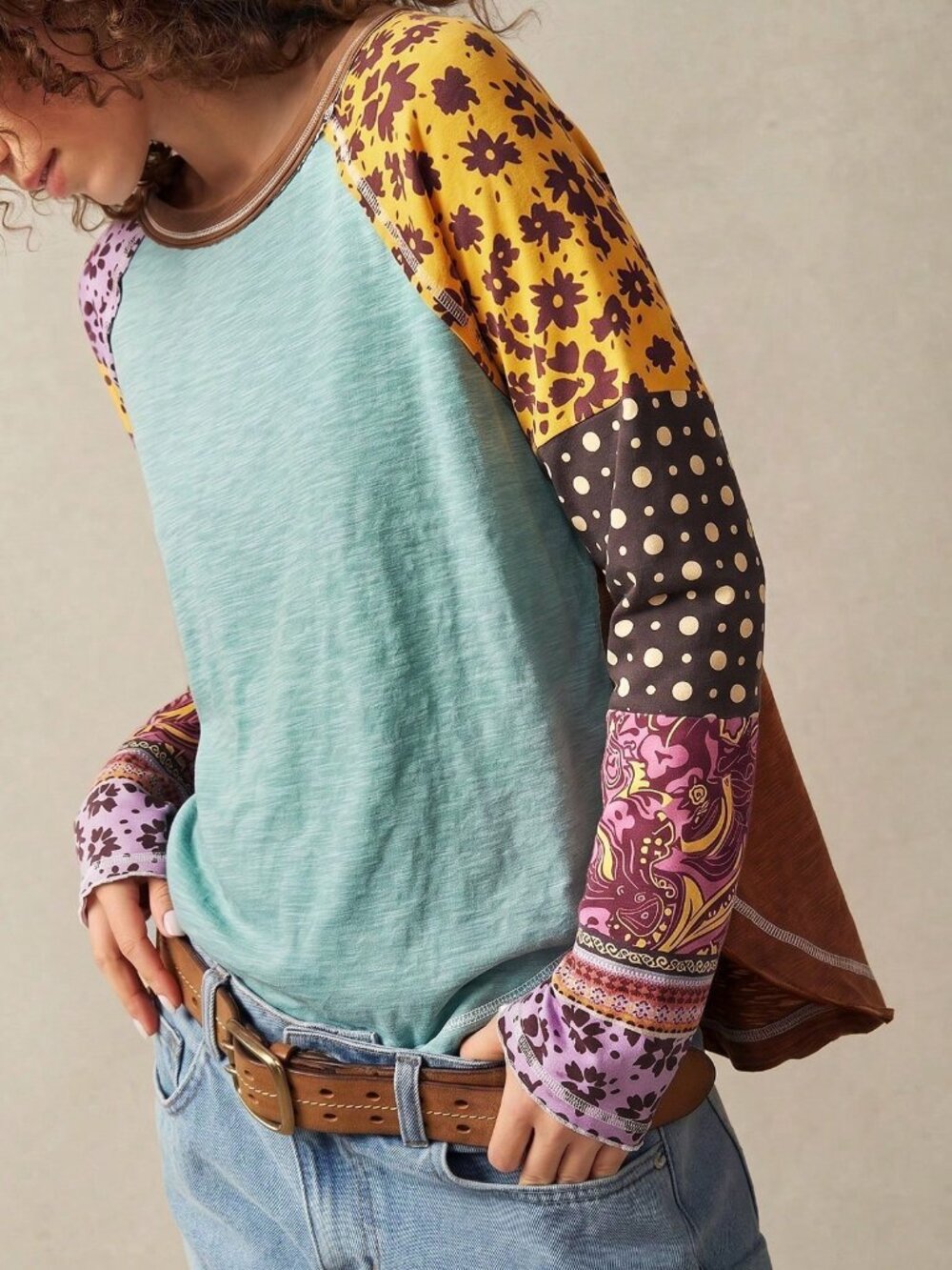 Multicolor Casual Women's Boho Knit Crew Neck T-Shirt